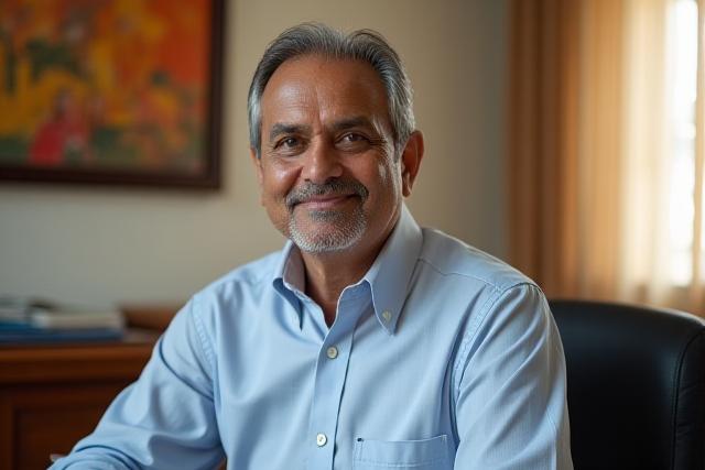 सिंधु कार हायर के संस्थापक श्री रवि मेहरा अपने जयपुर कार्यालय में, पृष्ठभूमि में जयपुर शहर का सुंदर दृश्य।